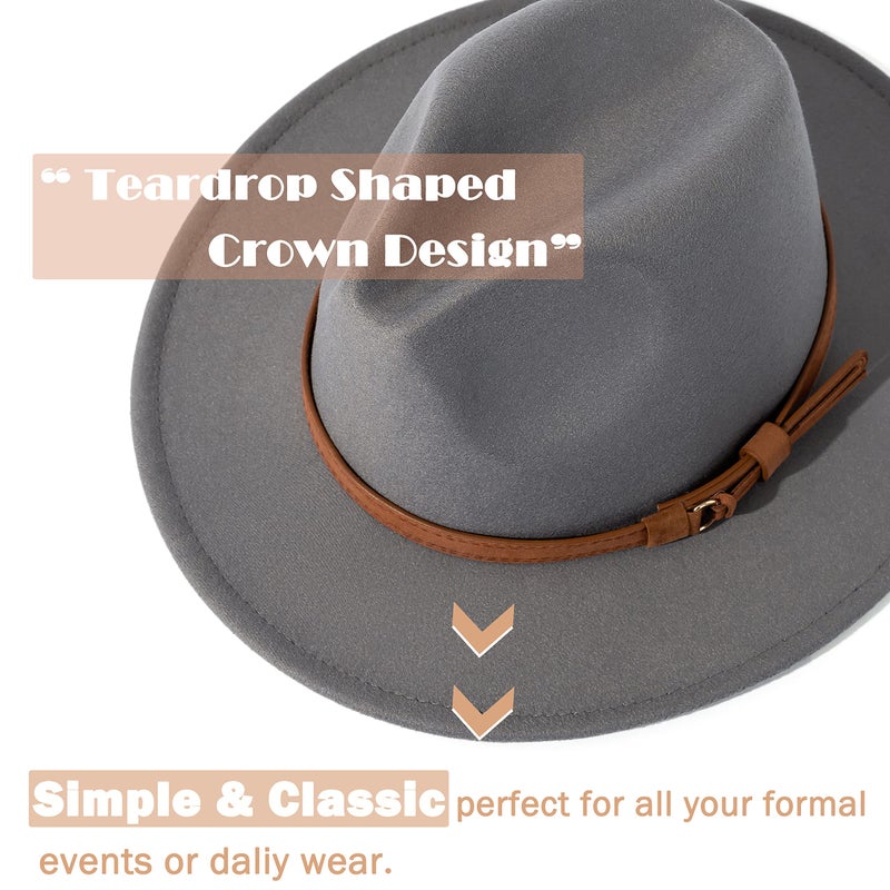 Lisianthus Men & Women Vintage Wide Brim Fedora Hat with Belt Buckle A-Light Grey 56-58cm - Image 2